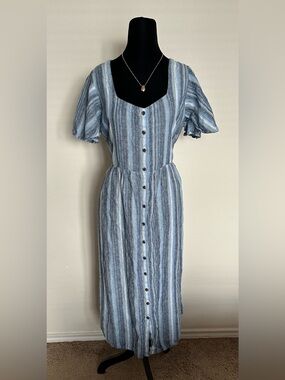 Lands' End Linen Sweetheart Blue And White Striped Button-Down Midi Dress